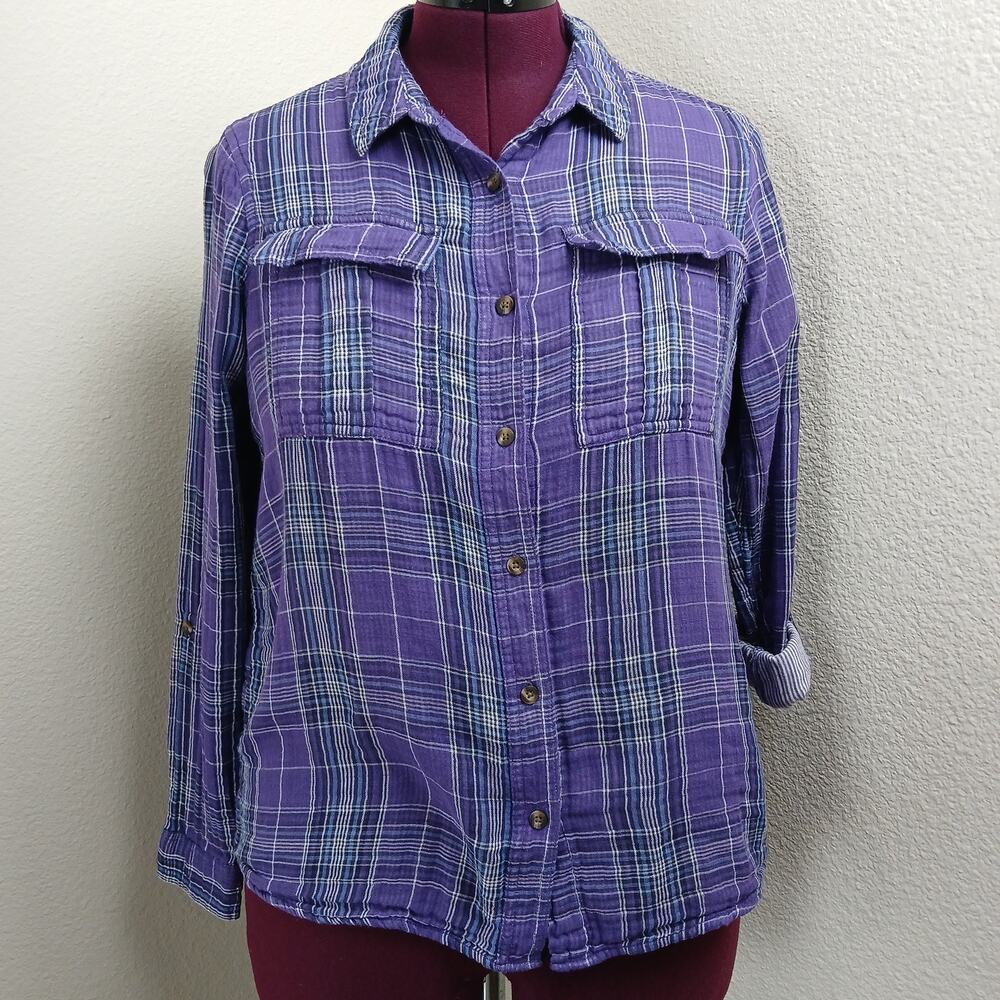 GNW Indigo Purple Plaid Double Layer Cotton Blouse M soft roll tab sleeves - Picture 2 of 12